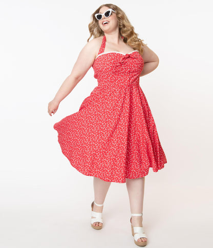 Plus Size Retro Red & White Floral Halter Kimberley Swing Dress - Unique Vintage - Womens, DRESSES, SWING