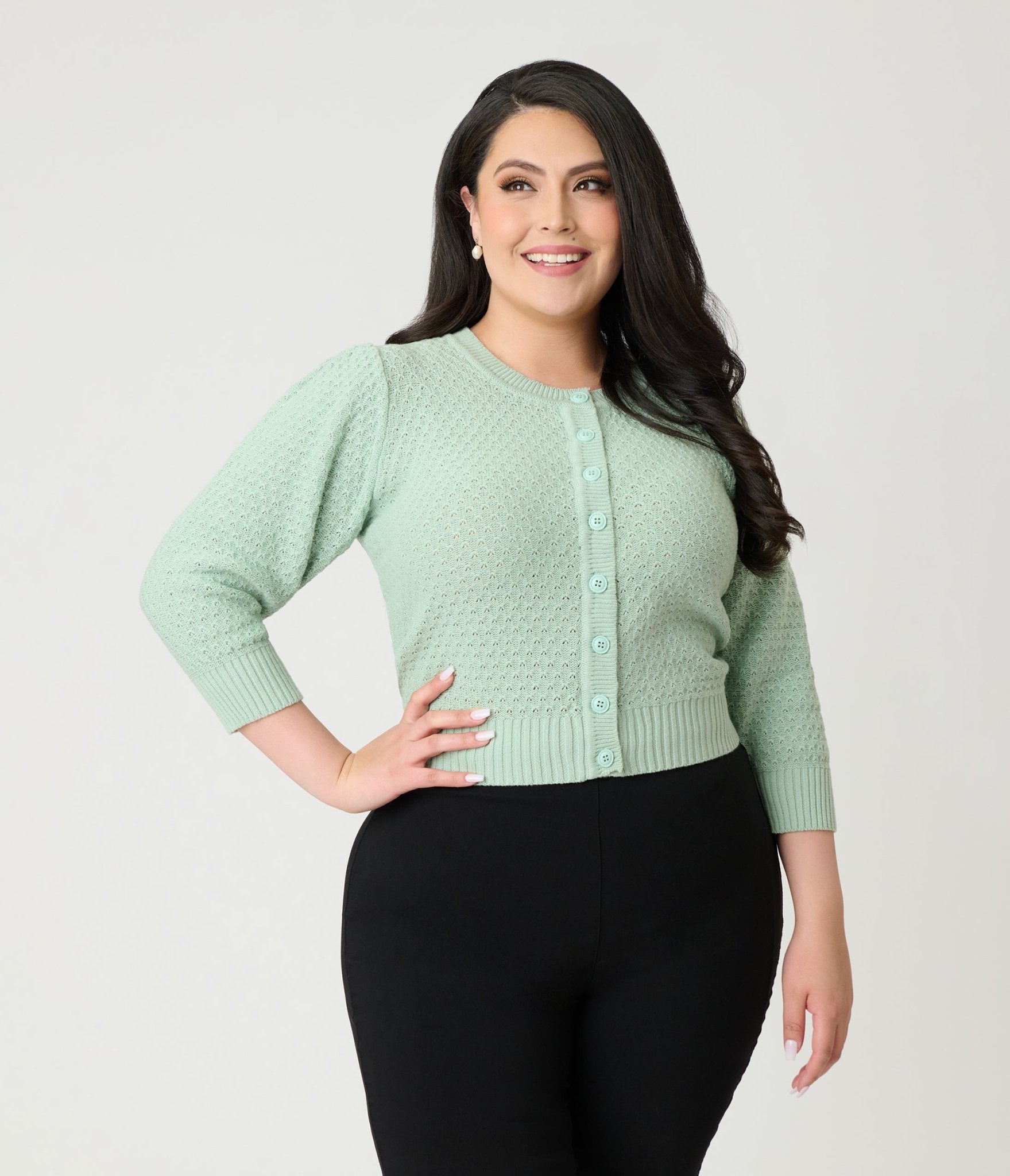 Plus Size Retro Style Aqua Crochet Cardigan - Unique Vintage - Womens, TOPS, SWEATERS