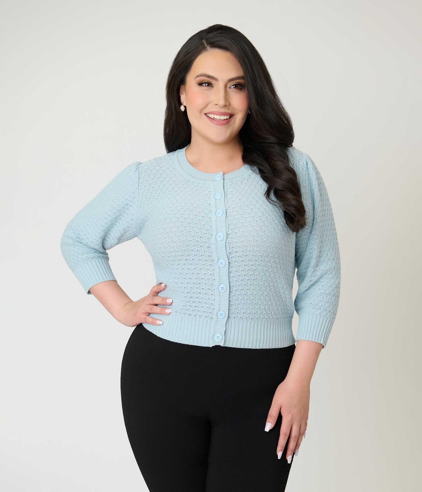 Plus Size Retro Style Light Blue Crochet Cardigan - Unique Vintage - Womens, TOPS, SWEATERS
