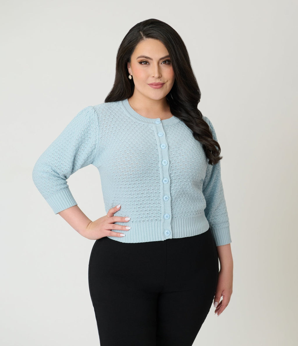Plus Size Retro Style Light Blue Crochet Cardigan - Unique Vintage - Womens, TOPS, SWEATERS