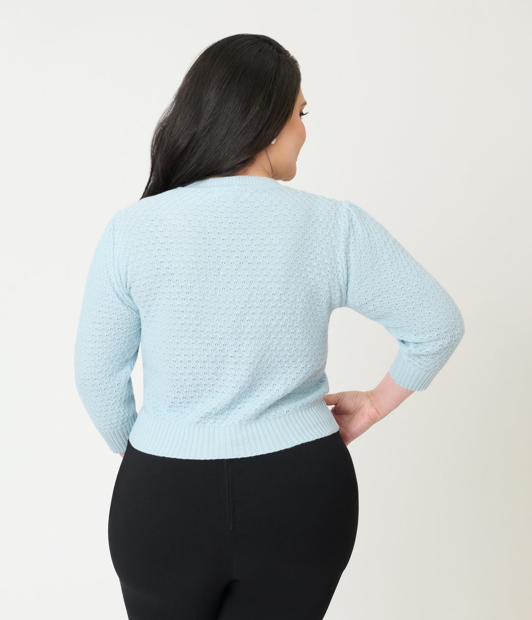 Plus Size Retro Style Light Blue Crochet Cardigan - Unique Vintage - Womens, TOPS, SWEATERS