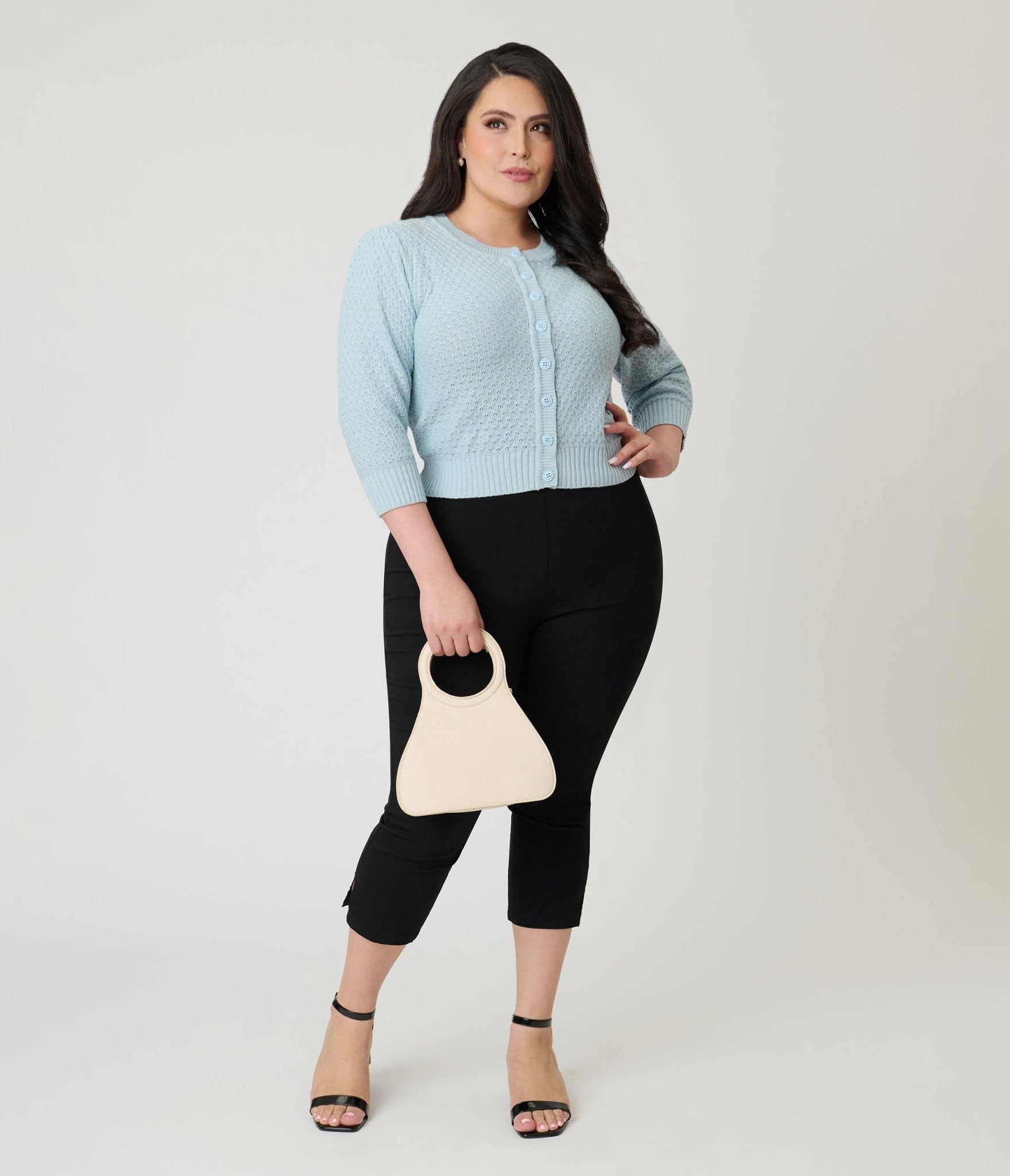 Plus Size Retro Style Light Blue Crochet Cardigan – Unique Vintage