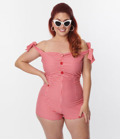 Plus Size Retro Style Red Gingham One Piece Swimsuit - Unique Vintage - Womens, SWIM, 1 PC