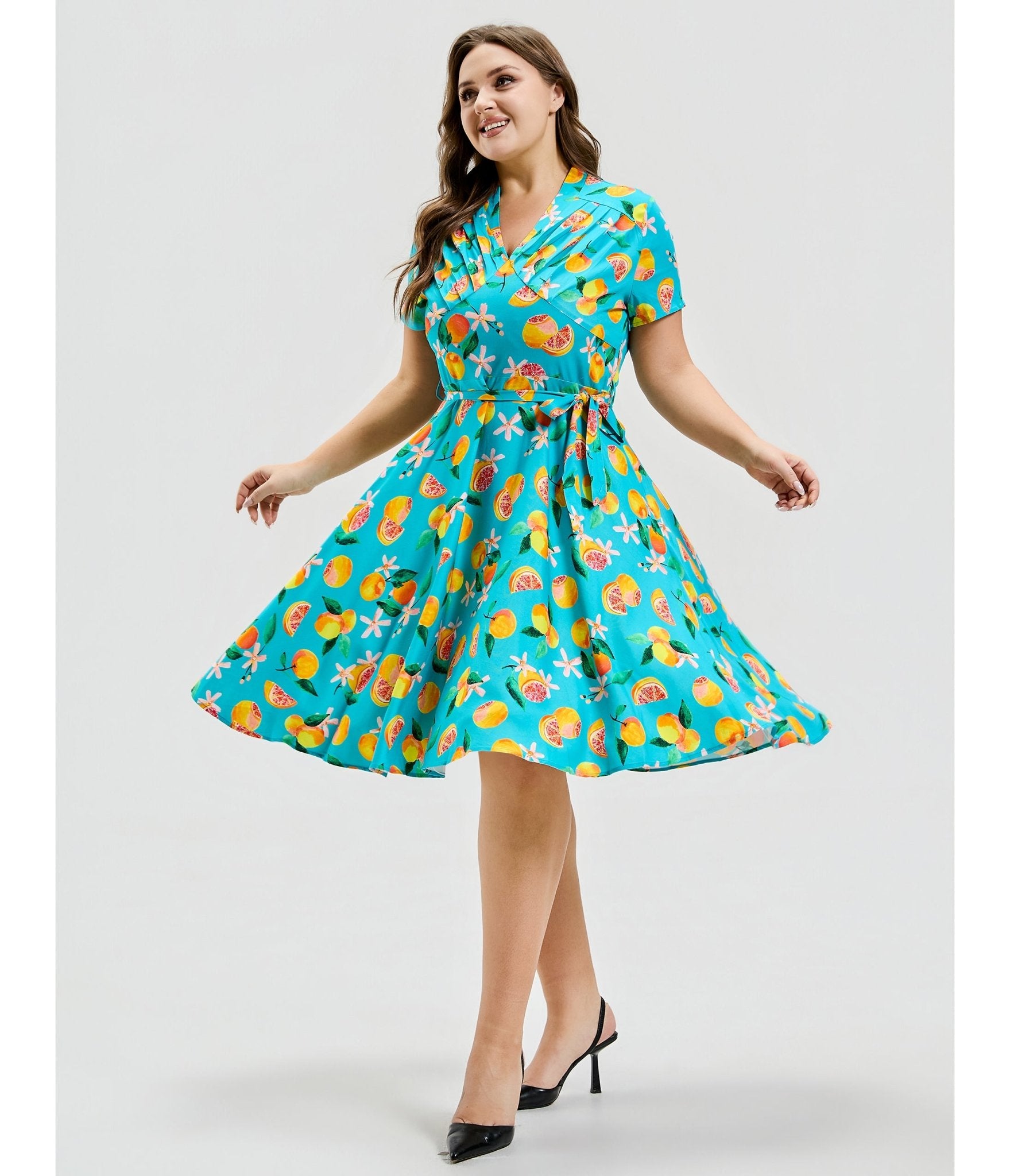 Plus Size Turquoise Grapefruit Groove Rose Swing Dress - Unique Vintage - Womens, DRESSES, SWING