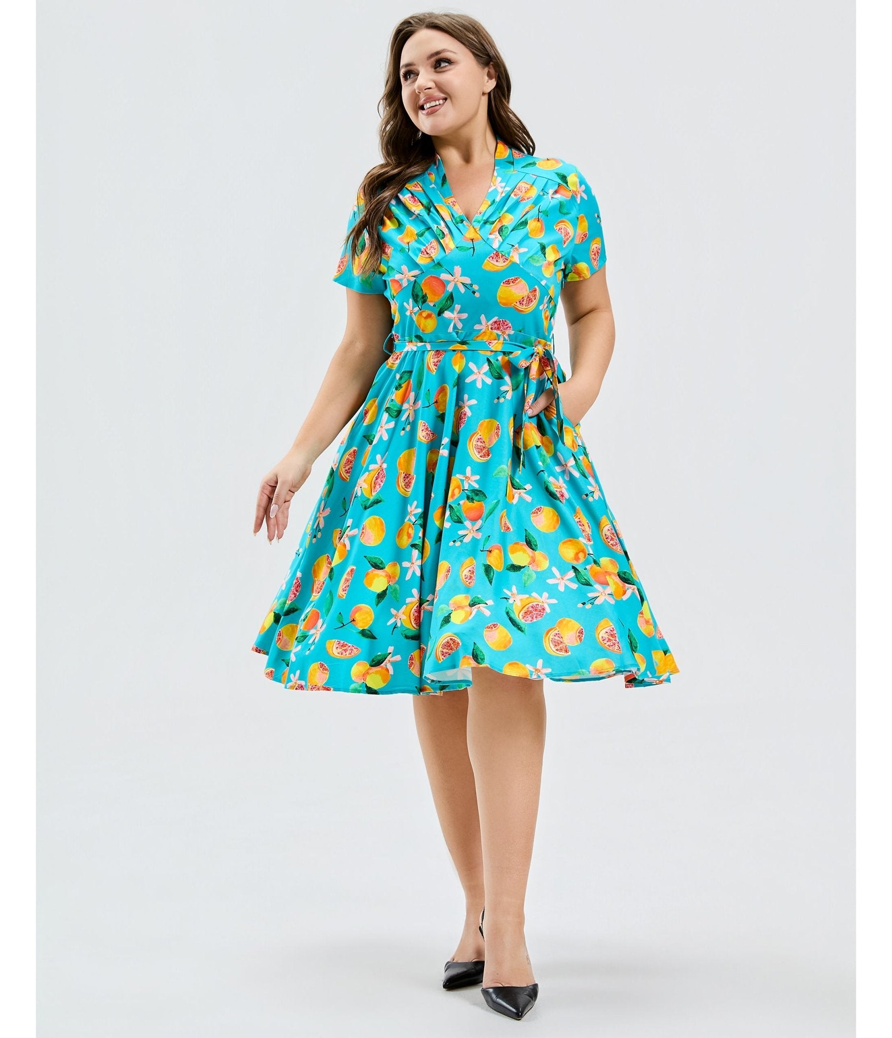 Plus Size Turquoise Grapefruit Groove Rose Swing Dress - Unique Vintage - Womens, DRESSES, SWING