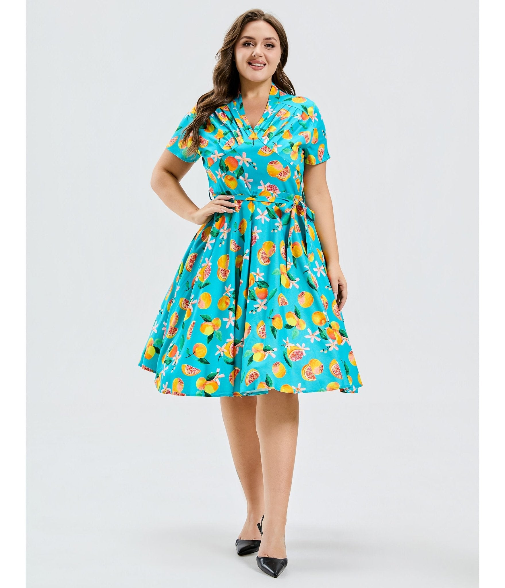 Plus Size Turquoise Grapefruit Groove Rose Swing Dress - Unique Vintage - Womens, DRESSES, SWING