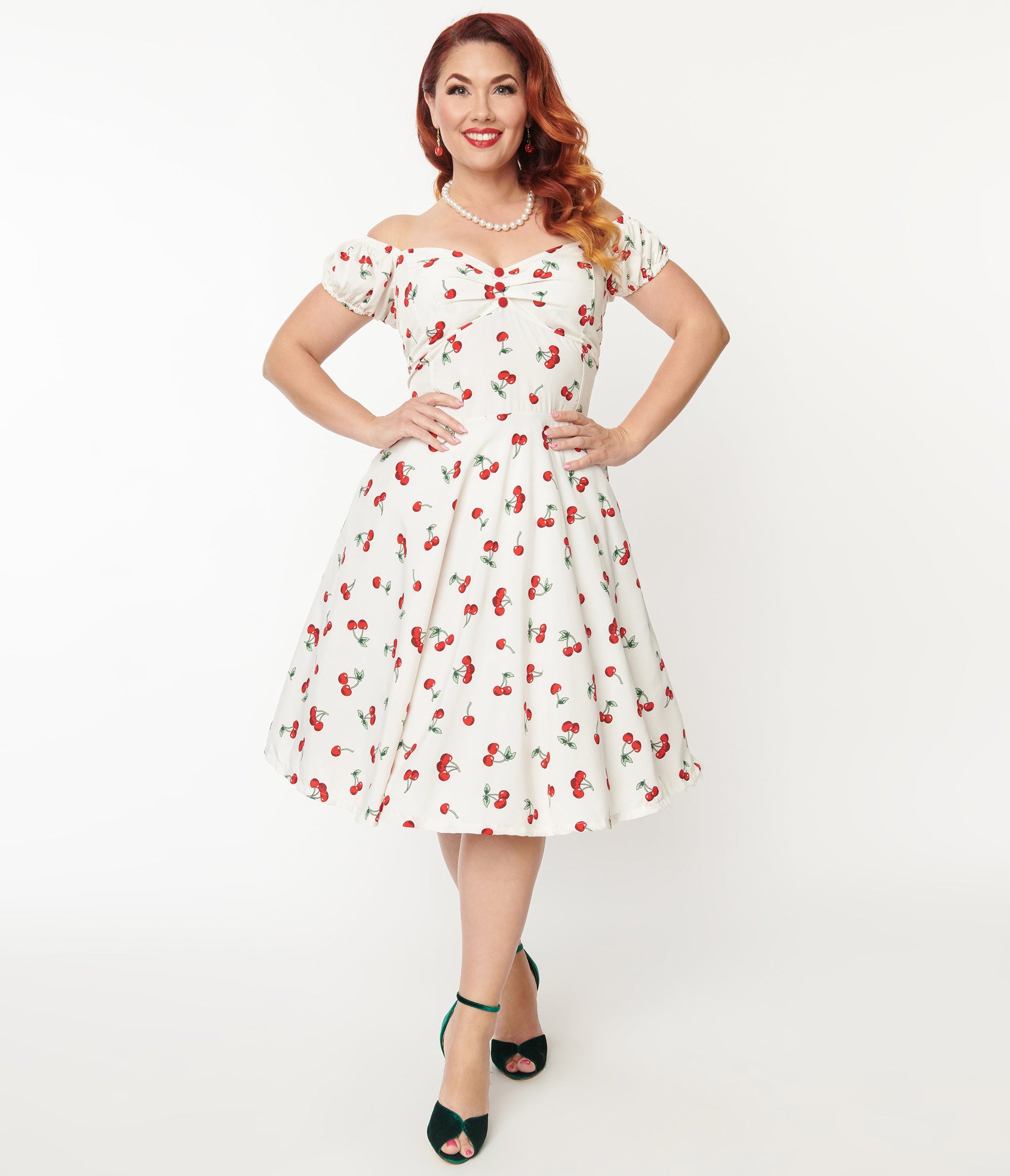 Plus Size White & Cherry Print Off The Shoulder Swing Dress - Unique Vintage - Womens, DRESSES, SWING