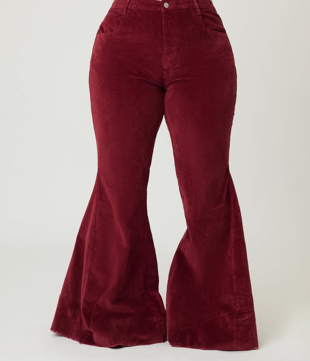 Plus Size Wine Corduroy Flared Distressed Hem Pants - Unique Vintage - Womens, BOTTOMS, PANTS