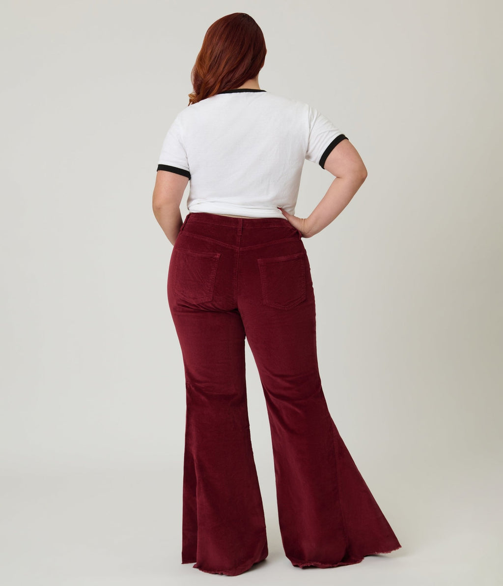 Plus Size Wine Corduroy Flared Distressed Hem Pants - Unique Vintage - Womens, BOTTOMS, PANTS