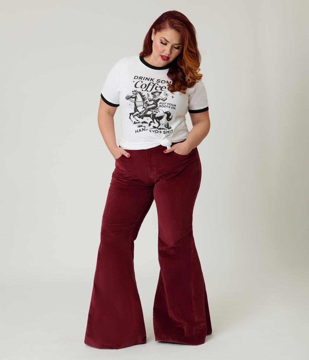 Plus Size Wine Corduroy Flared Distressed Hem Pants - Unique Vintage - Womens, BOTTOMS, PANTS