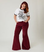 Plus Size Wine Corduroy Flared Distressed Hem Pants - Unique Vintage - Womens, BOTTOMS, PANTS