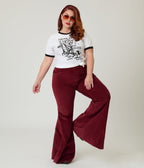Plus Size Wine Corduroy Flared Distressed Hem Pants - Unique Vintage - Womens, BOTTOMS, PANTS
