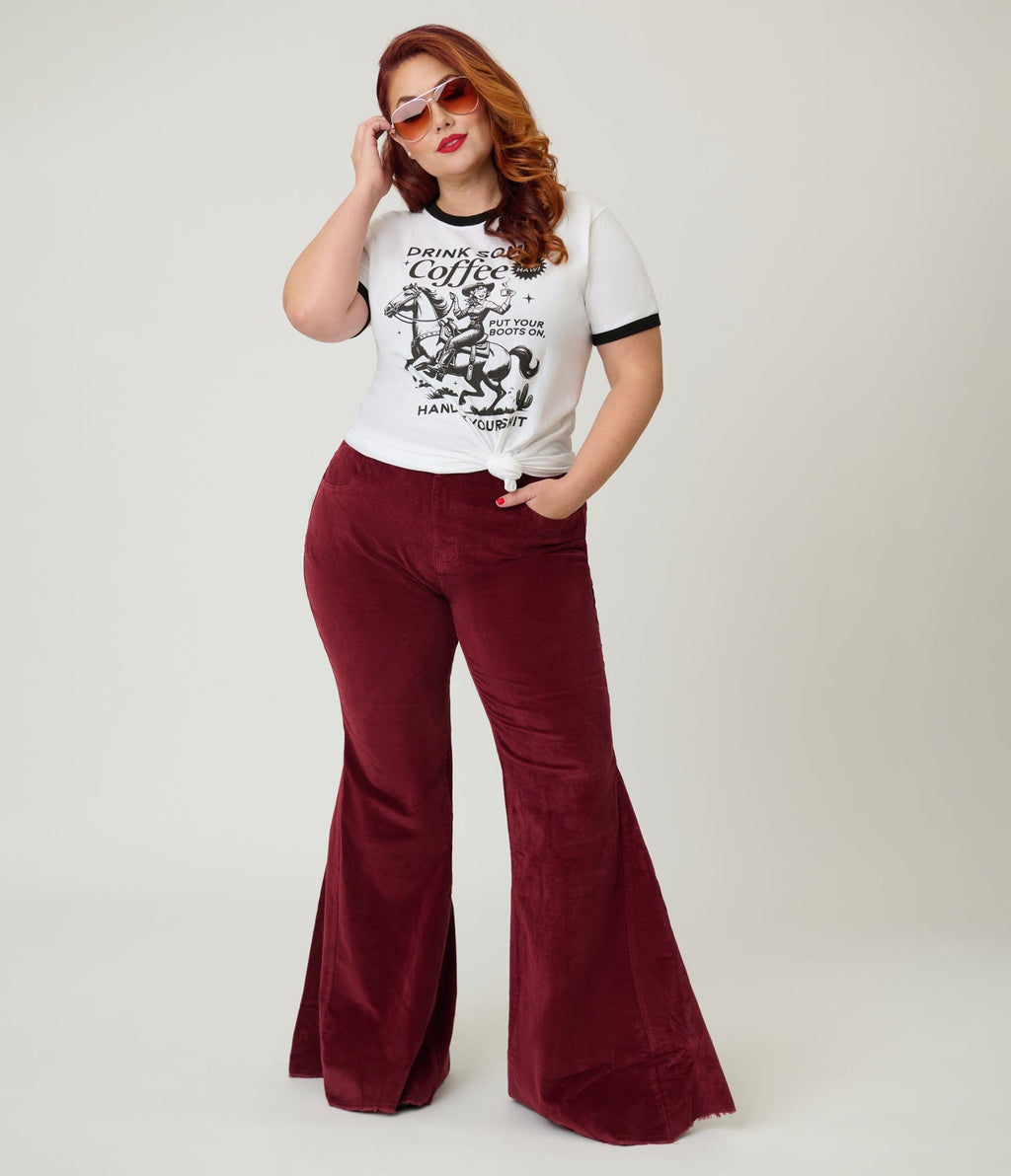 Plus Size Wine Corduroy Flared Distressed Hem Pants - Unique Vintage - Womens, BOTTOMS, PANTS