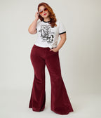 Plus Size Wine Corduroy Flared Distressed Hem Pants - Unique Vintage - Womens, BOTTOMS, PANTS