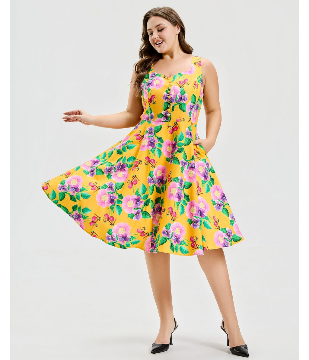 Plus Size Yellow Hibiscus Floral Print Heidi Dress - Unique Vintage - Womens, DRESSES, SWING