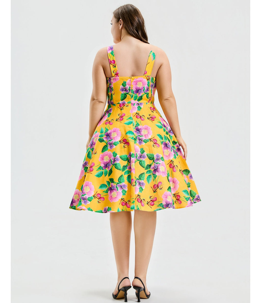 Plus Size Yellow Hibiscus Floral Print Heidi Dress - Unique Vintage - Womens, DRESSES, SWING