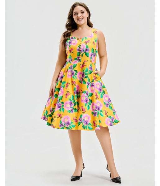 Plus Size Yellow Hibiscus Floral Print Heidi Dress – Unique Vintage