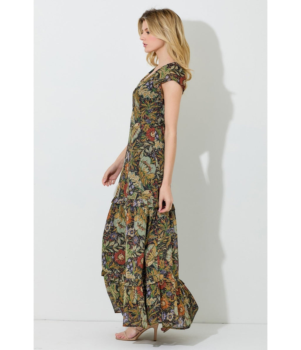 Polagram 1970s Autumn Floral Chiffon Maxi Dress - Unique Vintage - Womens, DRESSES, MAXI