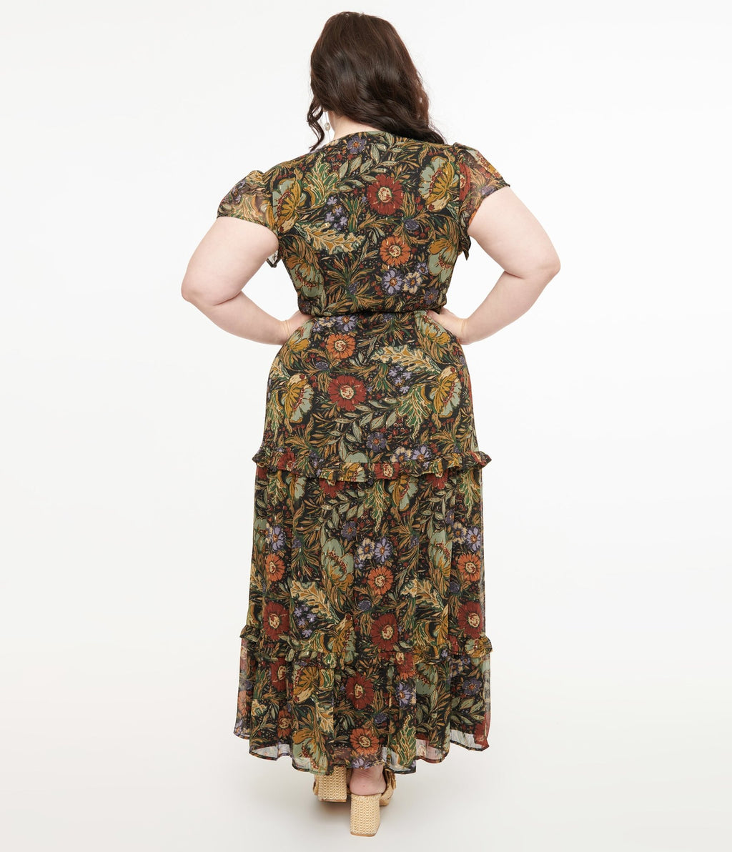 Polagram 1970s Autumn Floral Chiffon Maxi Dress - Unique Vintage - Womens, DRESSES, MAXI