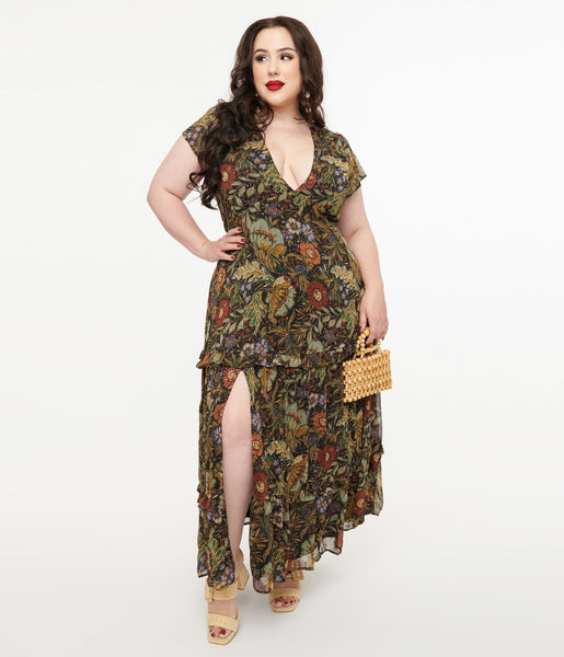Polagram 1970s Autumn Floral Chiffon Maxi Dress 2X Polagram 1970s Autumn Floral Chiffon Maxi Dress 2X