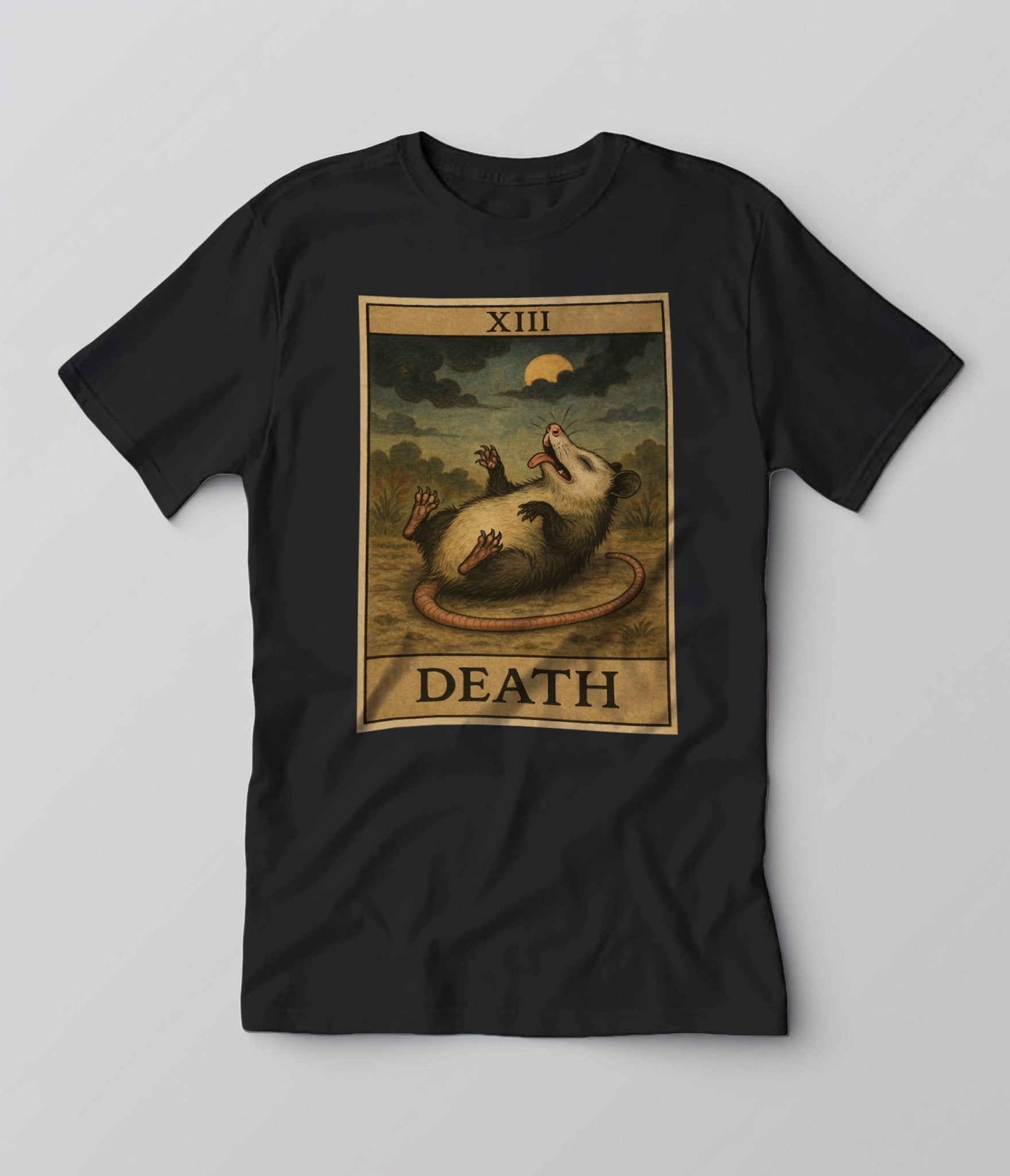 Possum Playing Death Tarot Unisex Graphic Tee - Unique Vintage - Womens, GRAPHIC TEES, TEES