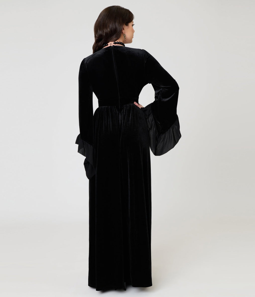 Practical Magic x Unique Vintage Black Velvet Lily Of The Valley Embroidered Maxi Dress - Unique Vintage -