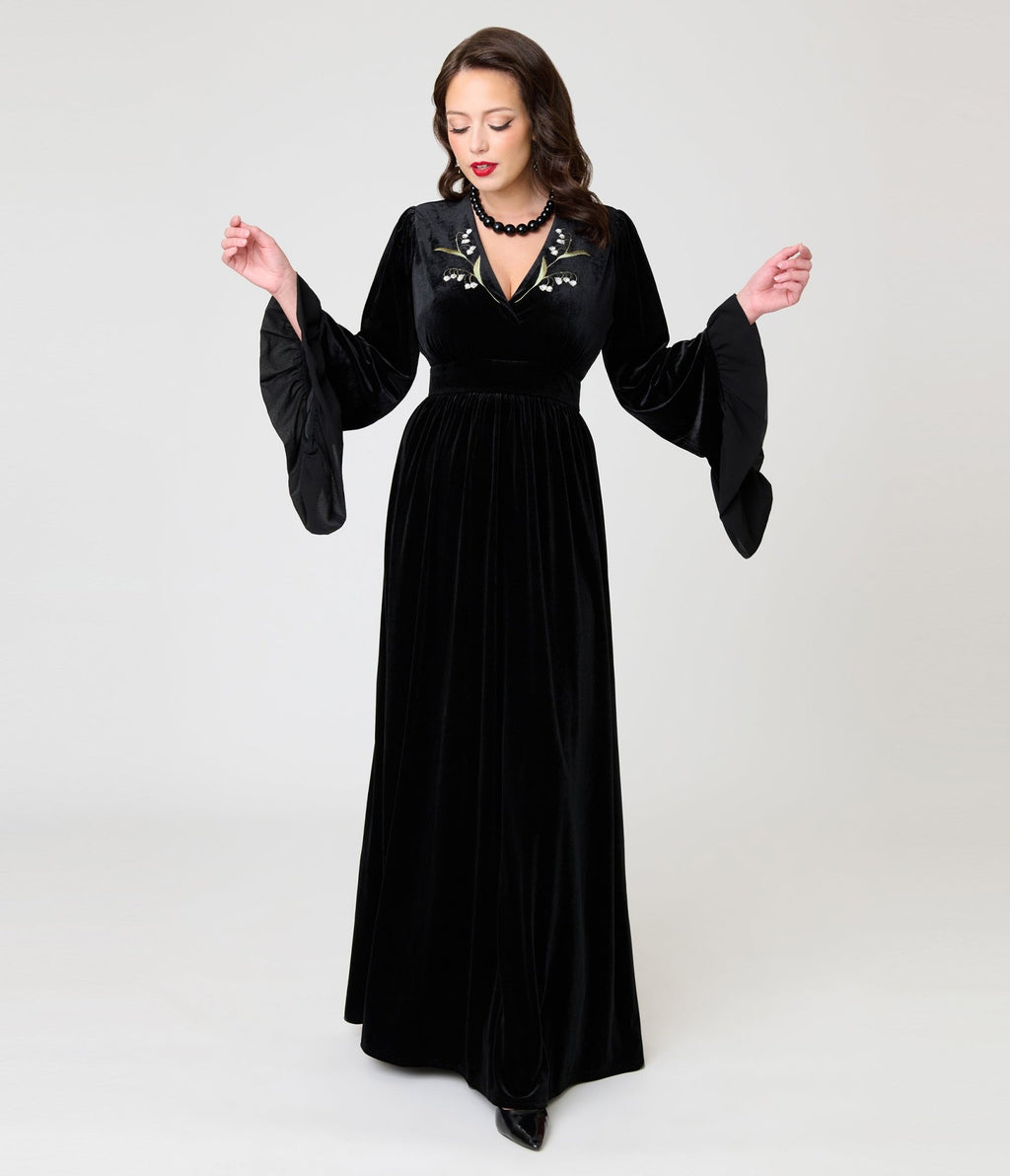 Practical Magic x Unique Vintage Black Velvet Lily Of The Valley Embroidered Maxi Dress - Unique Vintage -