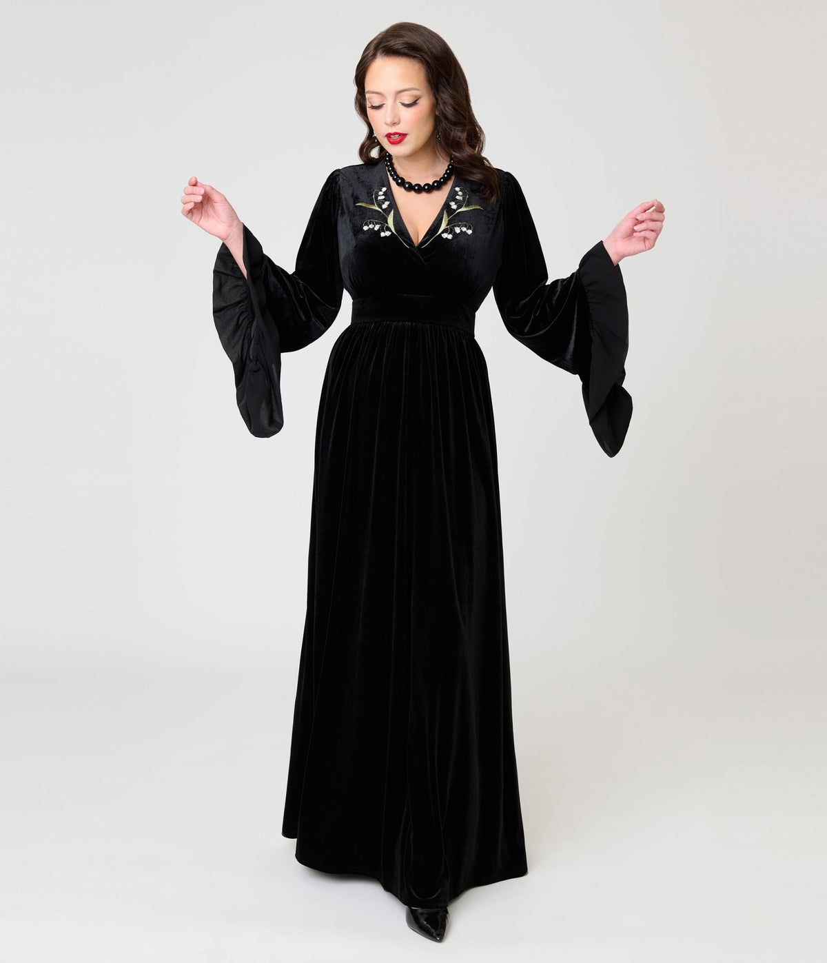 Practical Magic x Unique Vintage Black Velvet Lily Of The Valley Embroidered Maxi Dress - Unique Vintage -