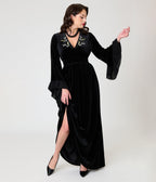 Practical Magic x Unique Vintage Black Velvet Lily Of The Valley Embroidered Maxi Dress - Unique Vintage -