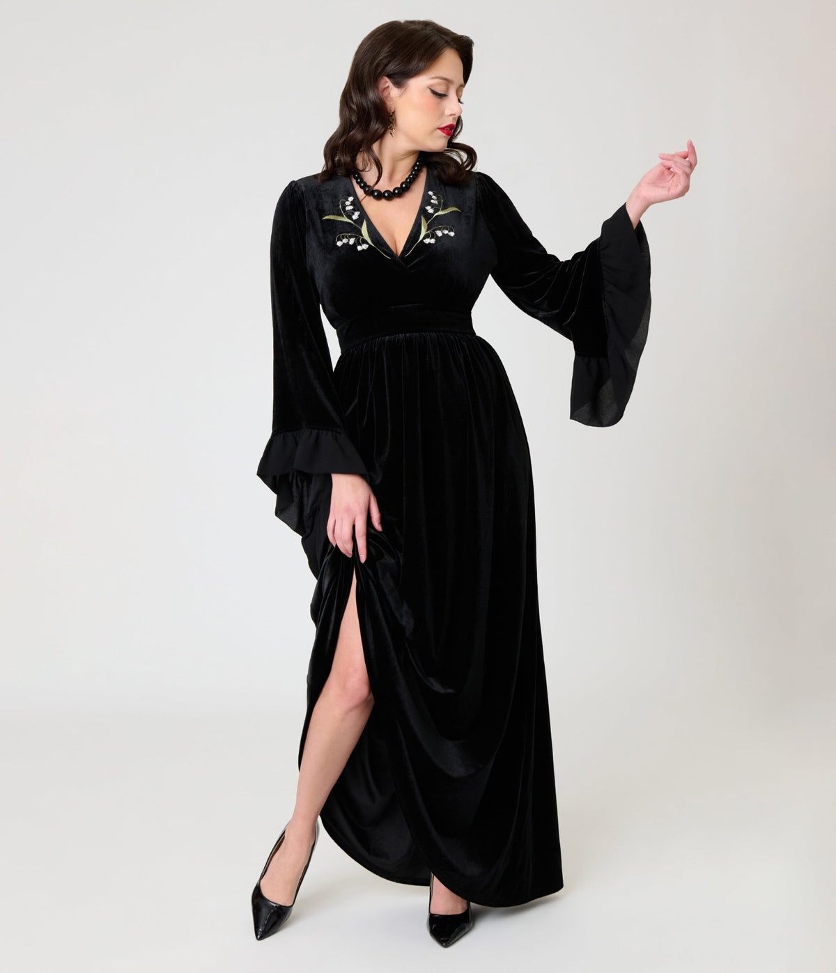 Practical Magic x Unique Vintage Black Velvet Lily Of The Valley Embroidered Maxi Dress - Unique Vintage -