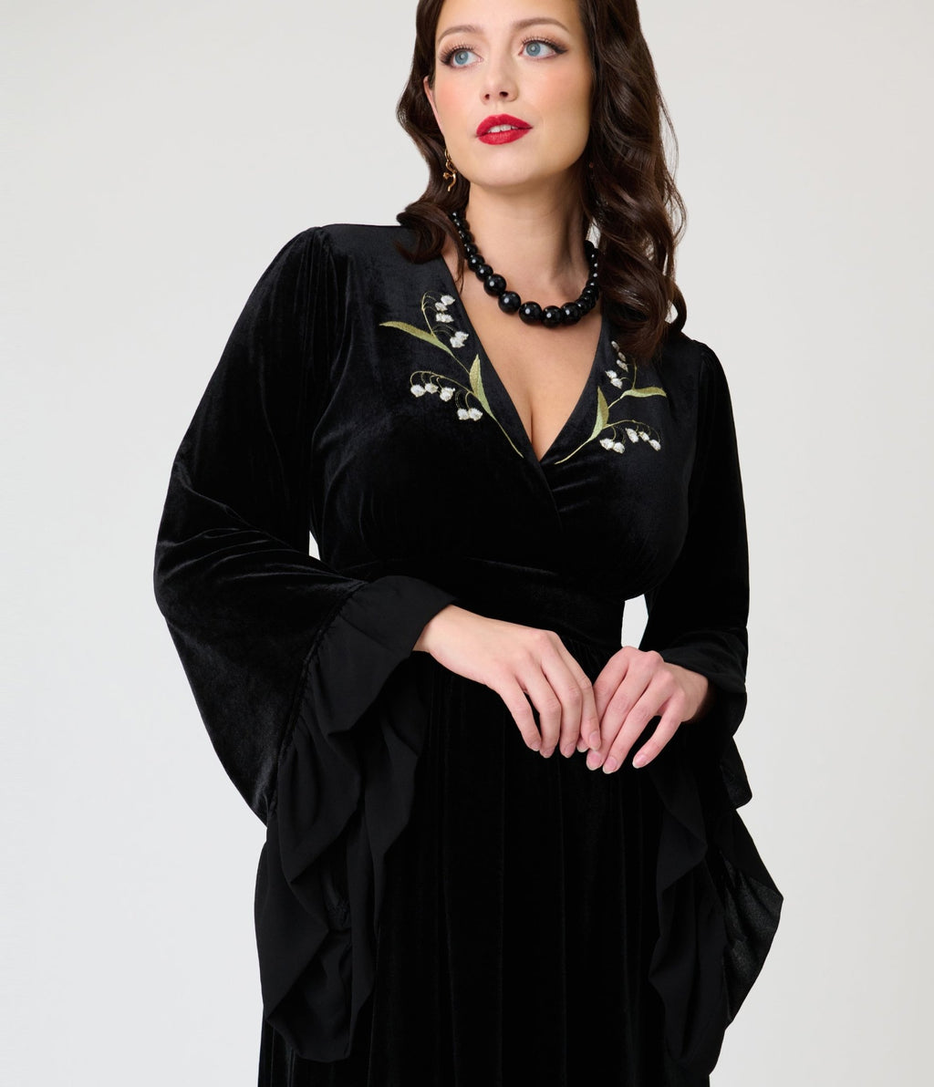 Practical Magic x Unique Vintage Black Velvet Lily Of The Valley Embroidered Maxi Dress - Unique Vintage -