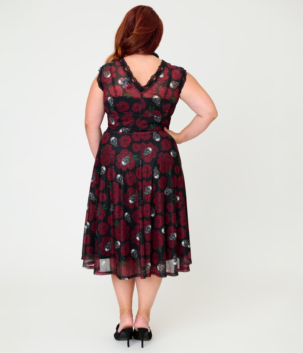 Practical Magic x Unique Vintage Plus Size Dark Roses V-Neck Swing Dress - Unique Vintage -
