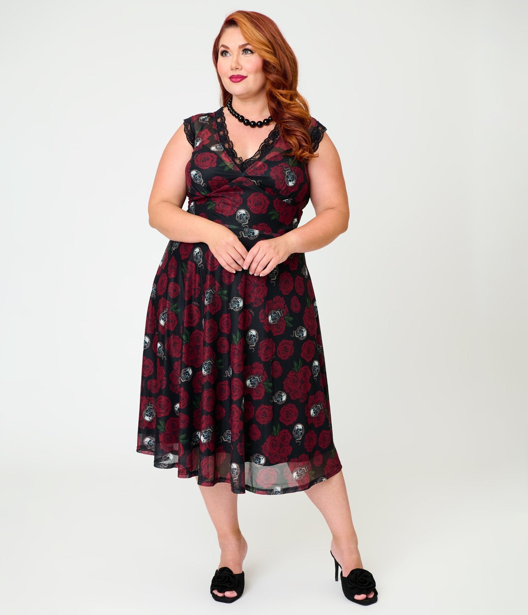 Practical Magic x Unique Vintage Plus Size Dark Roses V-Neck Swing Dre