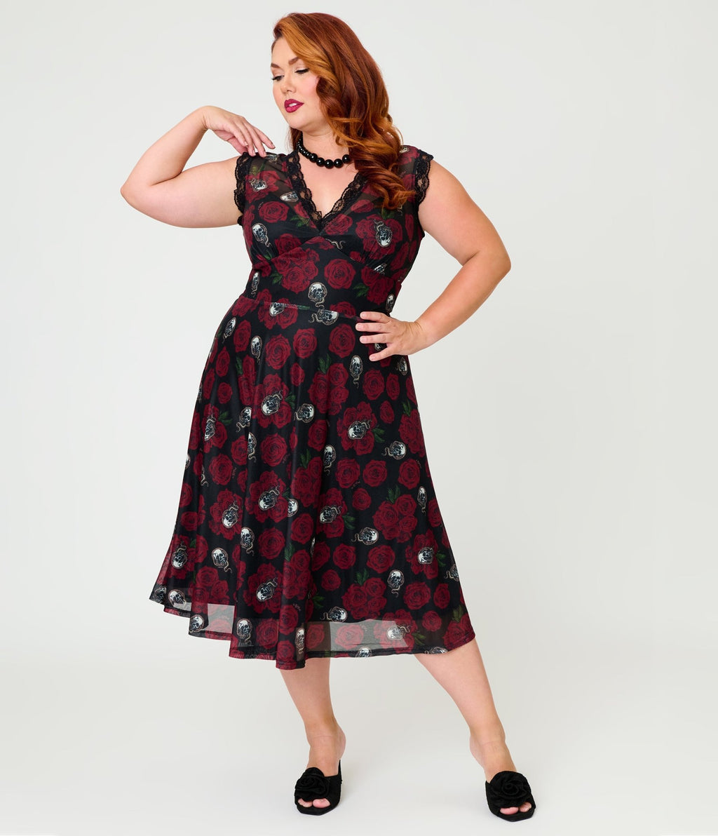 Practical Magic x Unique Vintage Plus Size Dark Roses V-Neck Swing Dress - Unique Vintage -