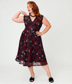 Practical Magic x Unique Vintage Plus Size Dark Roses V-Neck Swing Dress - Unique Vintage -