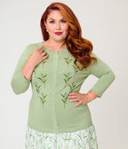 Practical Magic x Unique Vintage Plus Size Sage Green Three Quarter Sleeve Cardigan - Unique Vintage -