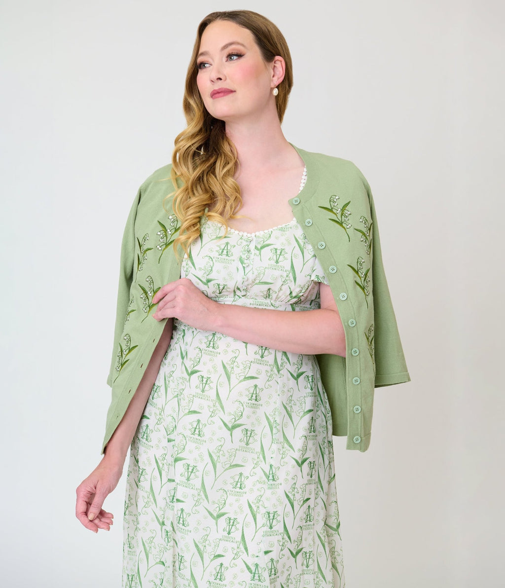 Practical Magic x Unique Vintage Sage Green Three Quarter Sleeve Cardigan - Unique Vintage -