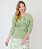 Practical Magic x Unique Vintage Sage Green Three Quarter Sleeve Cardigan - Unique Vintage -