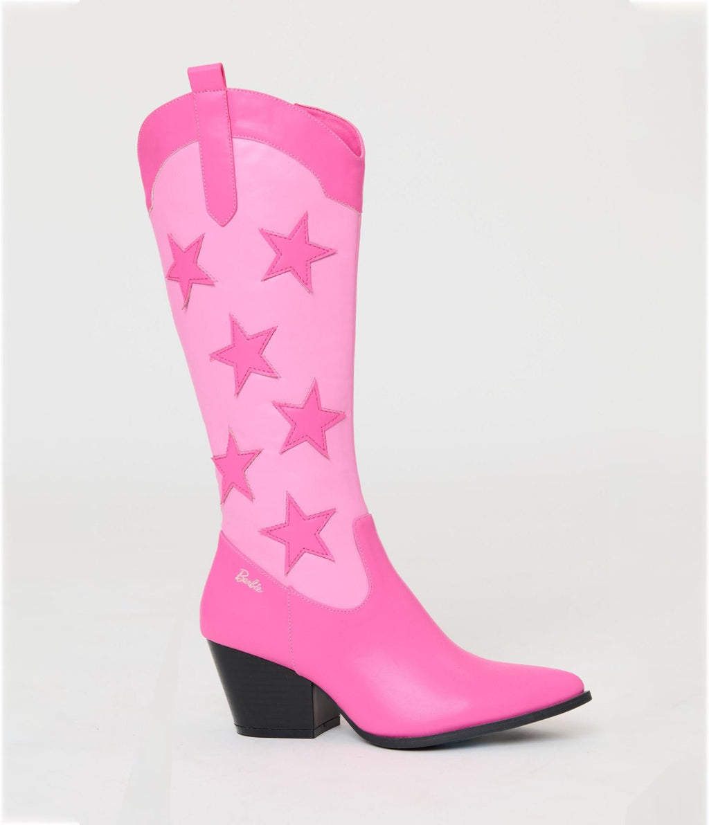 Preorder - Barbie™ x Unique Vintage Pink Star Leatherette Cowboy Boots - Unique Vintage - Womens
