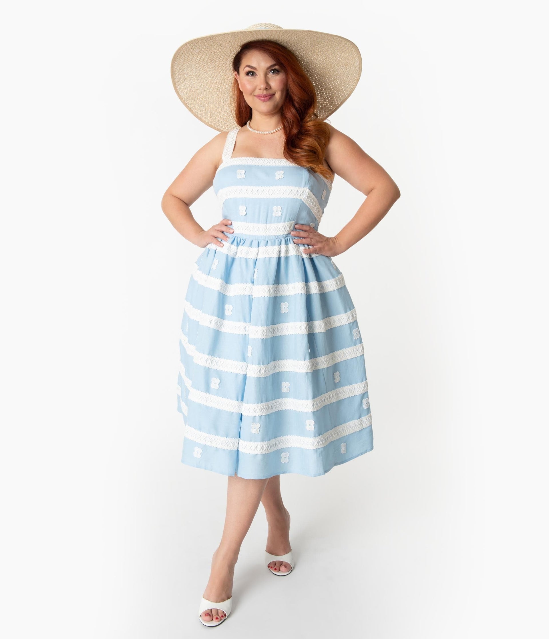 Preorder- Barbie x Unique Vintage Plus Size Blue & White Suburban Shopper Sundress - Unique Vintage - Womens, DRESSES, SWING