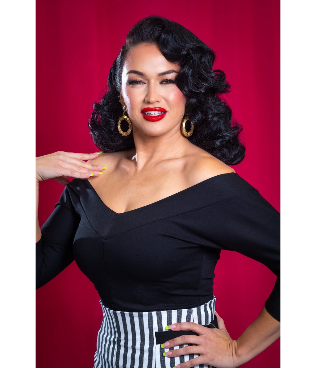 Preorder - Black Midcentury V - Neck Top - Unique Vintage - Womens, TOPS, SHIRTS