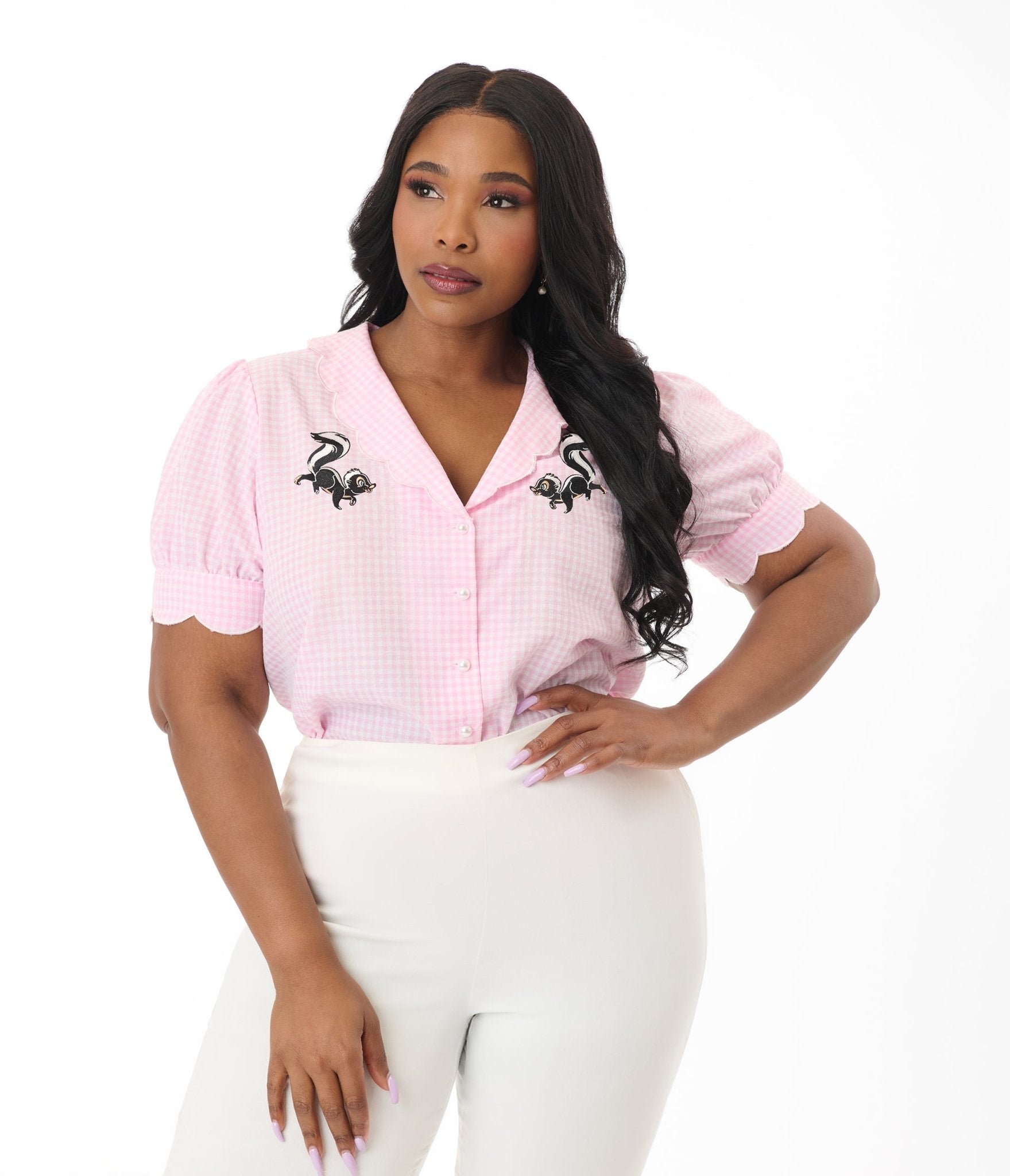 Disney Bambi Collection by Smak Parlour Plus Size Pink Gingham & Embroidered Flower Puff Sleeve Top - Unique Vintage - Womens