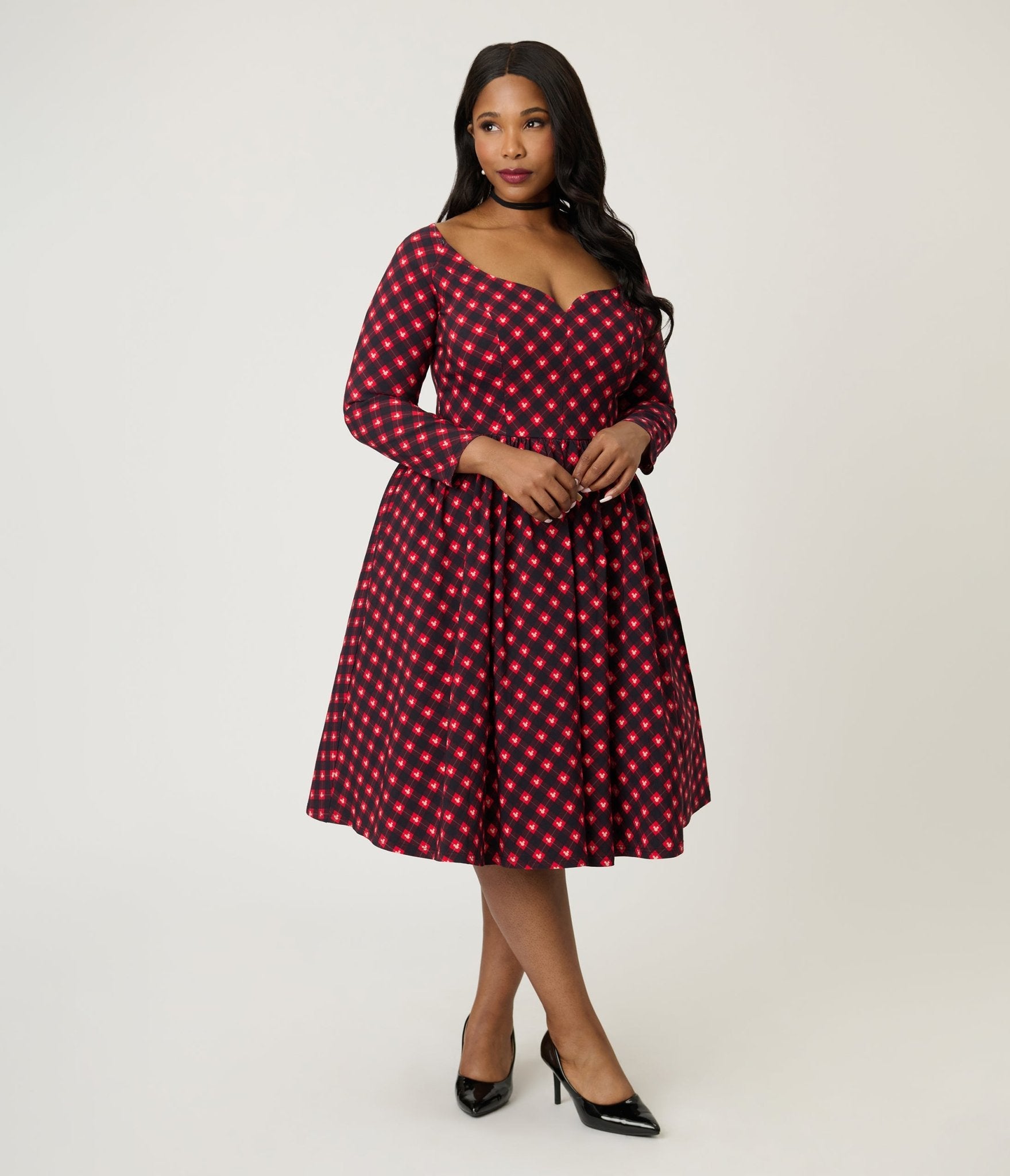 Preorder - Disney Holiday Collection by Unique Vintage Plus Size Red Mickey Plaid Swing Dress - Unique Vintage - Womens, DRESSES, SWING