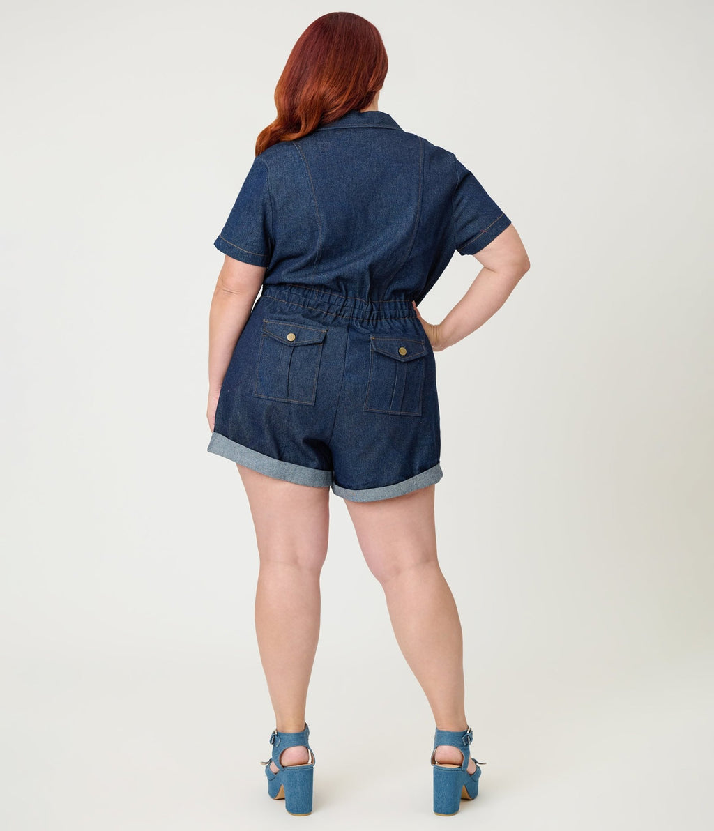 Preorder - Disney Winnie the Pooh x Unique Vintage Plus Size Tigger Denim Romper - Unique Vintage - Womens, BOTTOMS, ROMPERS AND JUMPSUITS