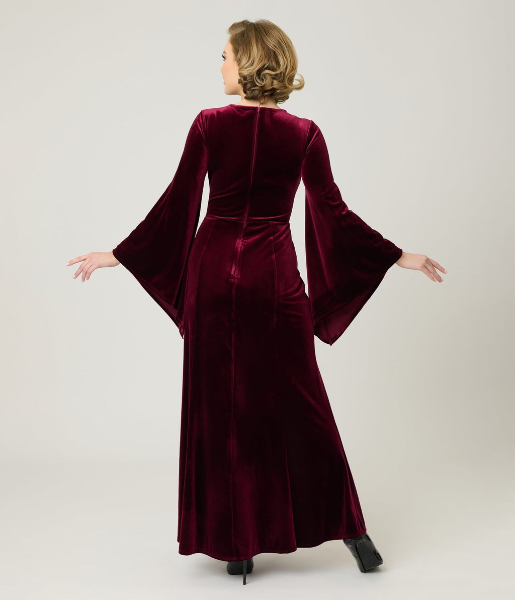 Preorder - Elvira x Unique Vintage Burgundy Dagger Velvet Maxi Dress - Unique Vintage - Womens, DRESSES, MAXI