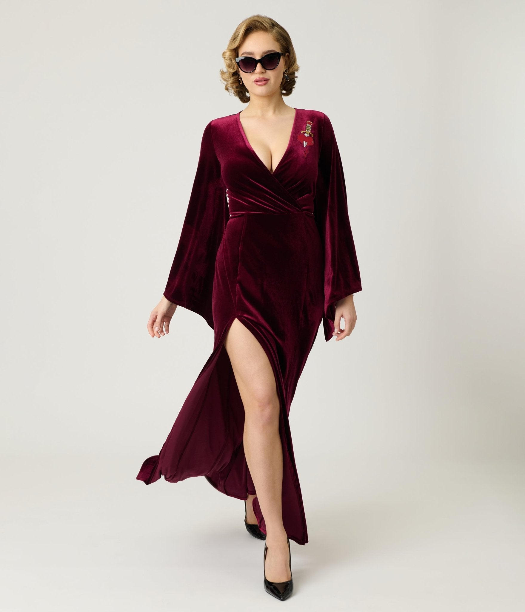 Preorder - Elvira x Unique Vintage Burgundy Dagger Velvet Maxi Dress - Unique Vintage - Womens, DRESSES, MAXI