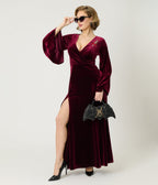 Preorder - Elvira x Unique Vintage Burgundy Dagger Velvet Maxi Dress - Unique Vintage - Womens, DRESSES, MAXI
