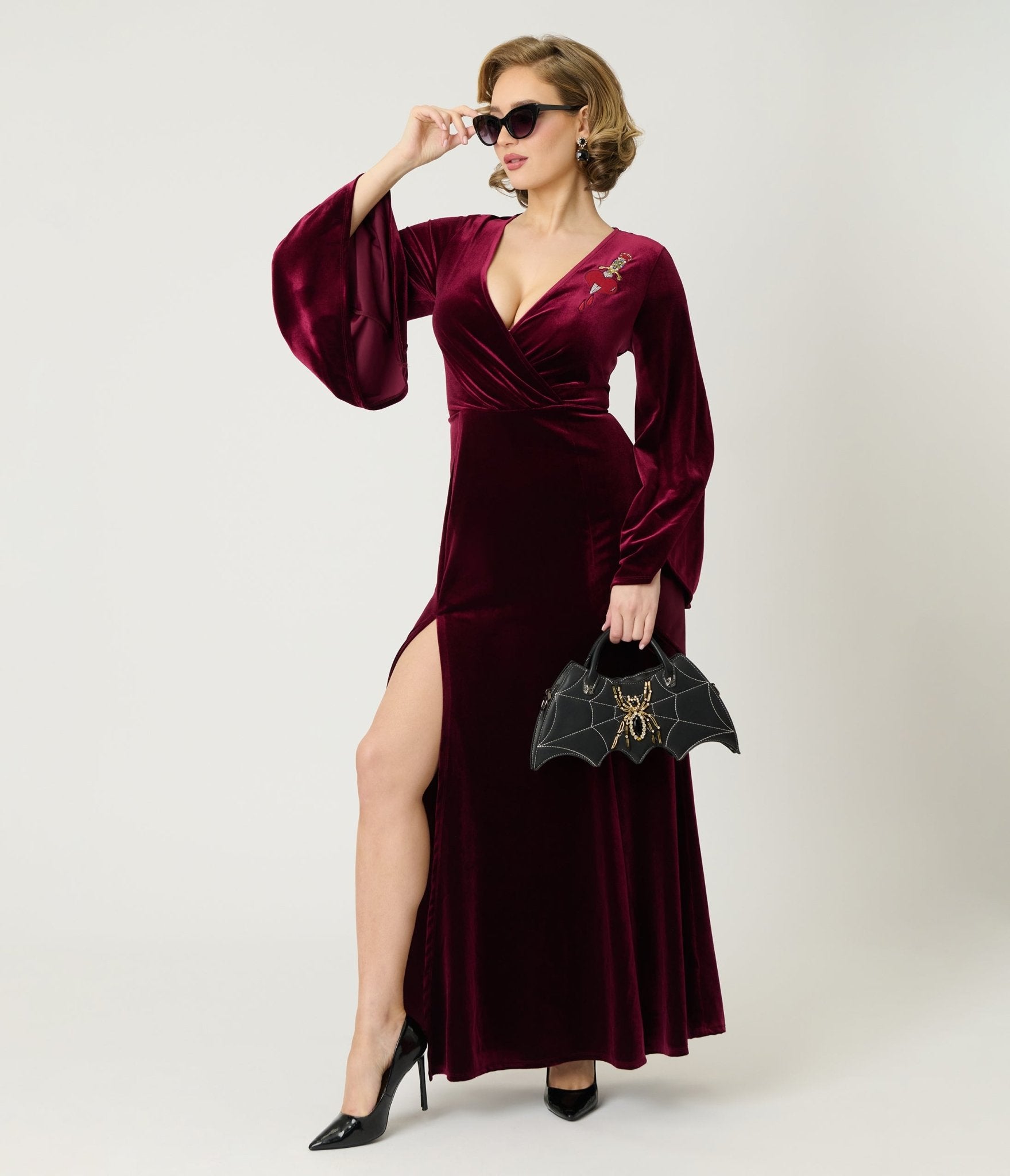 Preorder - Elvira x Unique Vintage Burgundy Dagger Velvet Maxi Dress - Unique Vintage - Womens, DRESSES, MAXI
