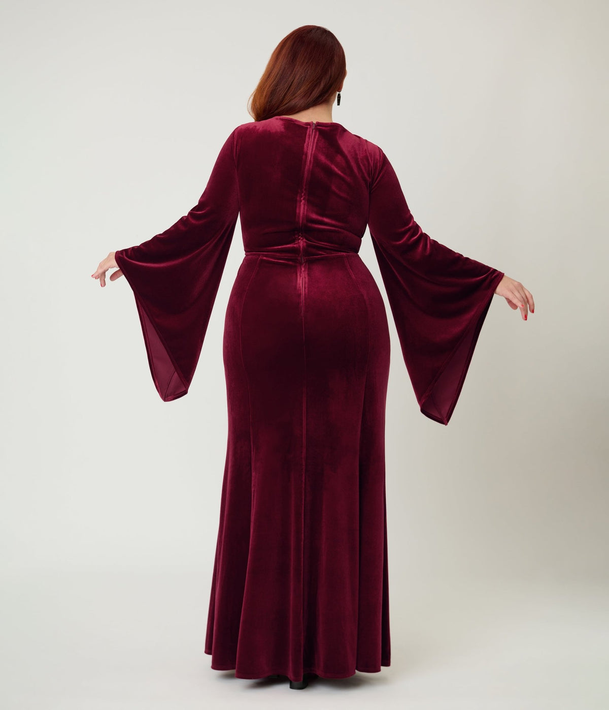 plus size velvet holiday dresses Elvira x Unique Vintage Burgundy Dagger Maxi Dress color email