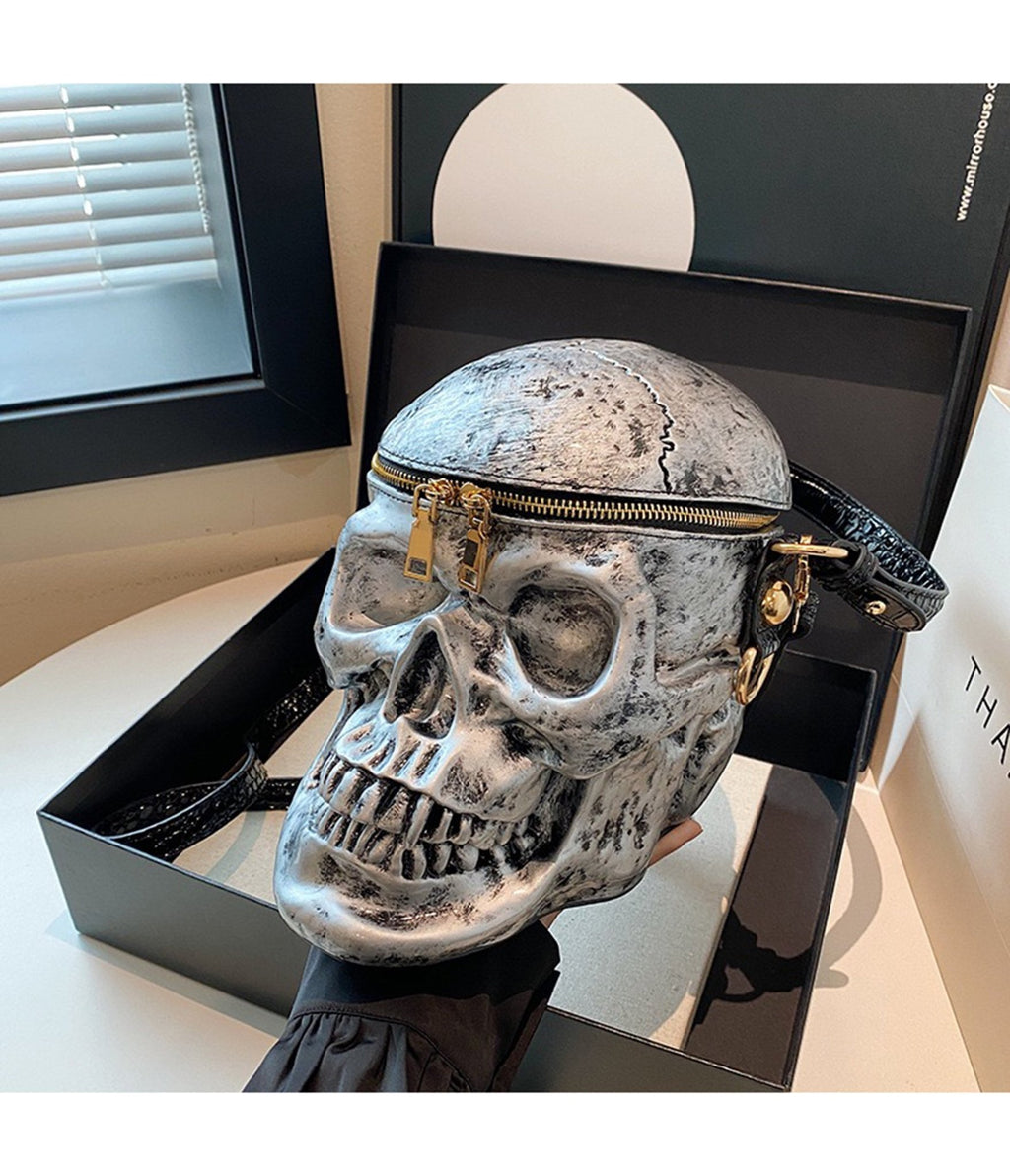 Preorder- Grey Leatherette Skull Crossbody Bag - Unique Vintage - Womens, ACCESSORIES, HANDBAGS